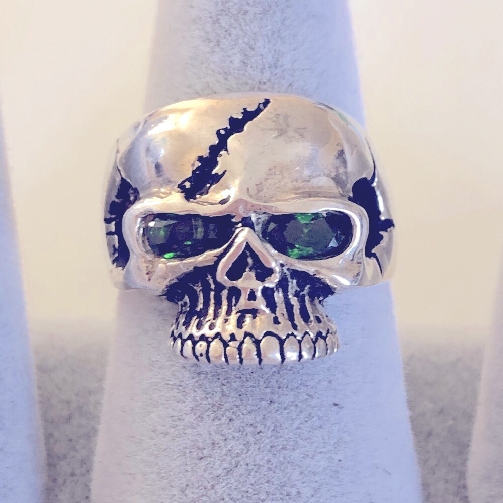 925 silver biker skull pirate ring green cz stones